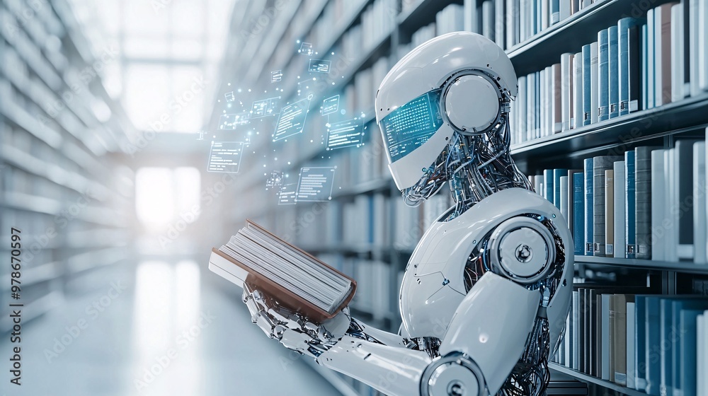 Poster a 3d digital library with search engine robots organizing floating books, symbolizing vast knowledge