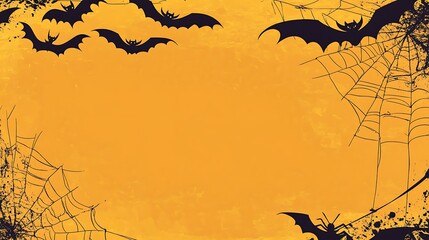 A Spooky Halloween Background Featuring Bats and Spider Webs Against a Bright Orange Canvas