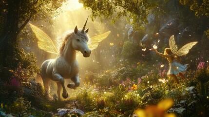 A fairy-tale scene with a shimmering unicorn and fluttering fairies in an enchanted forest clearing.