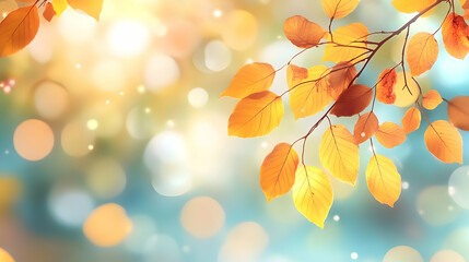 Golden Autumn Leaves Branch with a Bokeh Background,  Glimmering in the Sunlight