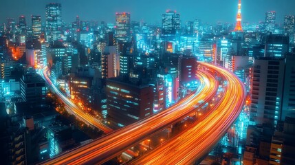 Fototapeta premium Neon Lights of Tomorrow: Abstract Tokyo Skyline with Futuristic Speed and Technology