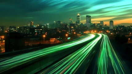 Obraz premium Dynamic Urban Pulse - Abstract Johannesburg Skyline with Vibrant Green Light Trails in Motion Blur