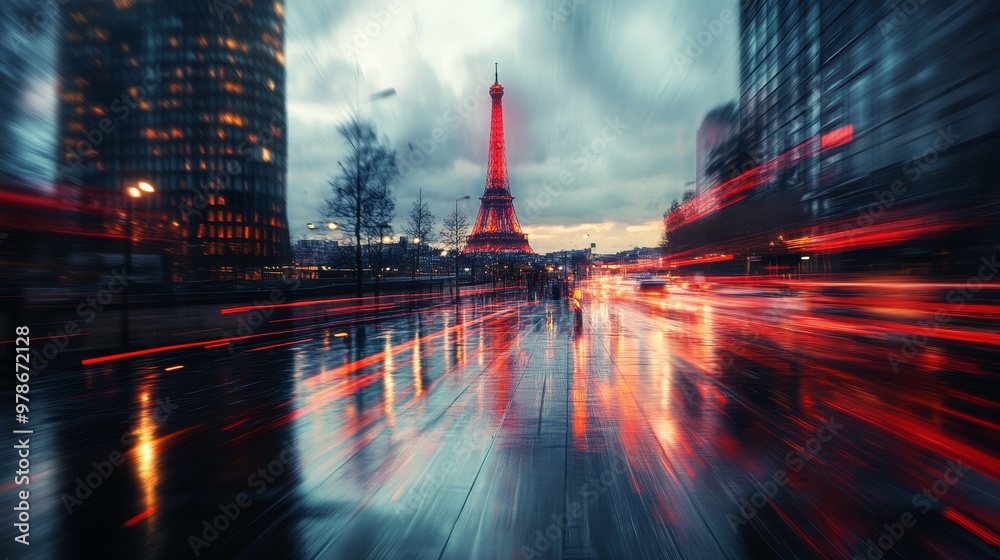 Wall mural Neon Velocity: Abstract Paris Cityscape with Tech-Fueled Red Glowing Lines in Motion Blur at Dawn