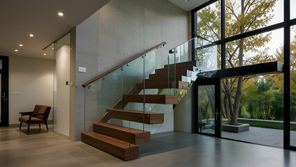 Fototapeta premium Modern staircase design with sleek, transparent railings showcasing elegance and contemporary style.