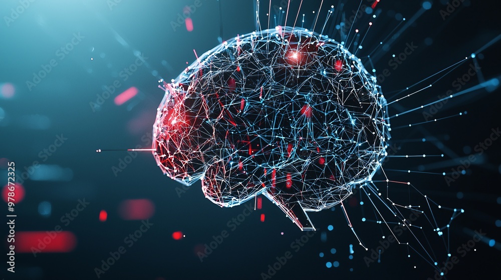 Poster a 3d digital brain with interconnected nodes, each representing a search result, symbolizing ai-powe
