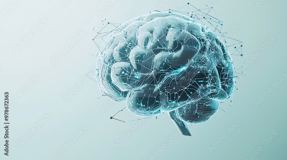 Poster a 3d digital brain with interconnected nodes, each representing a search result, symbolizing ai-powe
