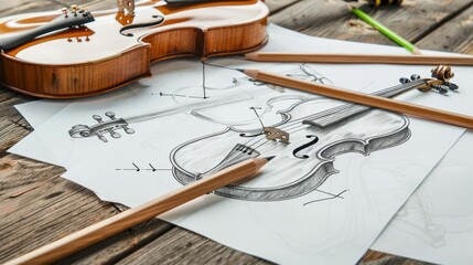 Naklejka premium Violin Sketch with Pencil.