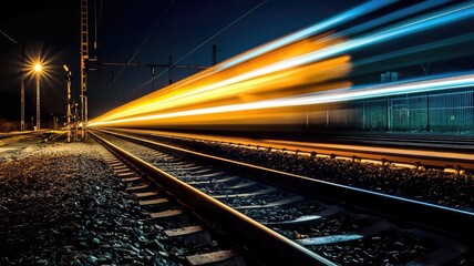 Naklejka premium A captivating night scene of train tracks, showcasing dynamic light trails from a passing train against a dark background.