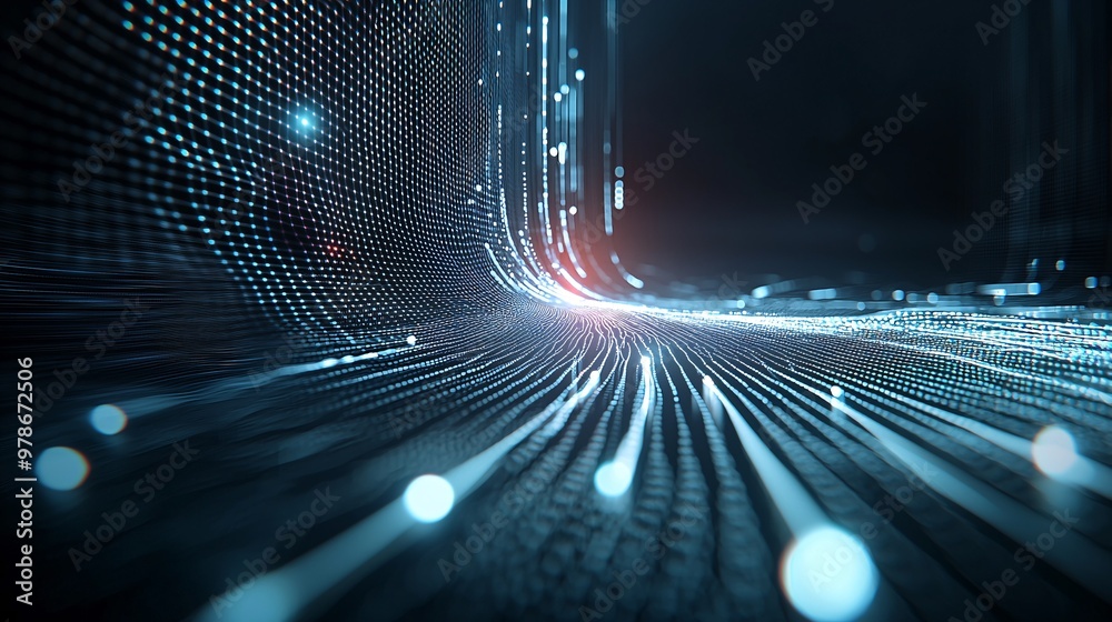 Poster a 3d search engine with data streams flowing into a central point, symbolizing information gathering