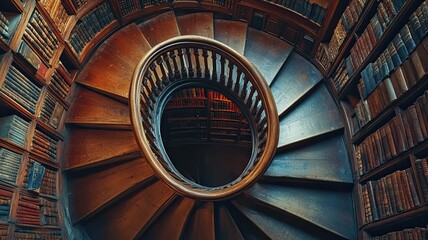 Obraz premium A captivating spiral staircase surrounded by books, showcasing architectural elegance in a warm, inviting library setting.