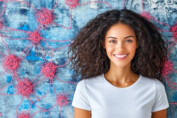 Smiling woman standing in front of a vibrant abstract backdrop representing positivity creativity and confidence in a colorful modern world