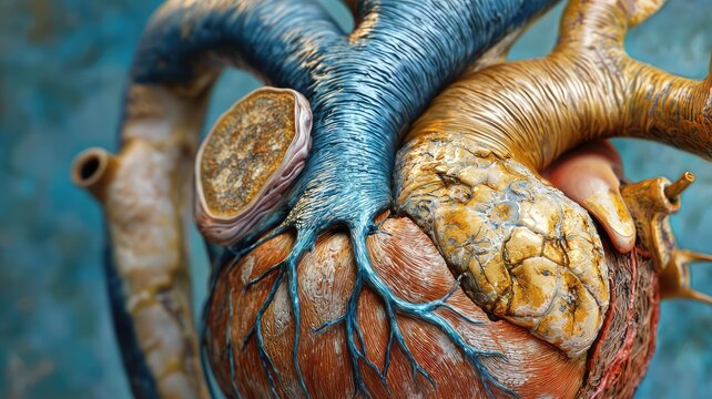 A close-up view of a beautifully detailed heart anatomical model showcasing intricate vessels and textures.