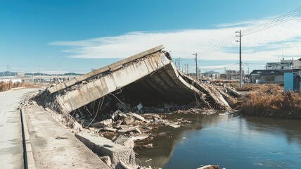 A collapsed bridge over a calm river, showcasing the aftermath of natural disaster and urban decay.