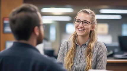 A friendly bank employee smiling while discussing loan options with a customer in a modern bank office.