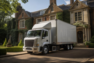 a white clean lorry in front of a house, ready to transport things to move to another place