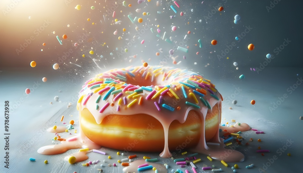 Wall mural Glazed donut doughnut with colourful sprinkles floating dripping splashing with sugar icing syrup in the air. Copy text space