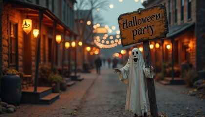Obraz premium a ghost with a banner for a Halloween party on a city street near a pub or salon, an inscription on a wooden board in vintage style