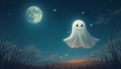 Cute ghost flying over night forest, darkness and moonlight, Halloween theme