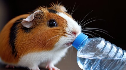 A guinea pig drinking water from a bottle, with its whiskers and cute face clearly visible.