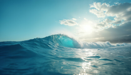 a large and beautiful ocean wave, against a blue sky background, a paradise seascape