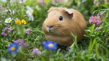 A guinea pig exploring a garden, with its tiny nose sniffing the grass and flowers.