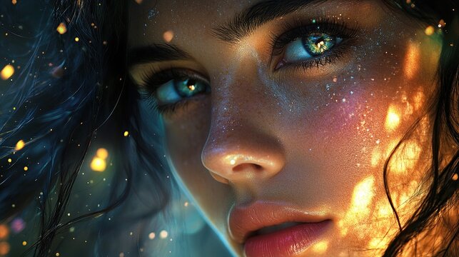 Close-up Portrait of a Woman with Glittering Skin. Beautiful Woman, Wallpaper Desktop. Generate Ai Image