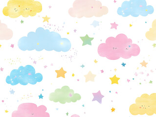 Adorable Cloud and Stars Pattern with Pastel Colors for Kids' Decor and Design