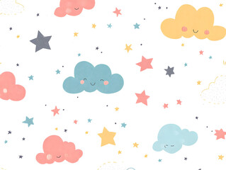Adorable Cloud and Stars Pattern with Pastel Colors for Kids' Decor and Design