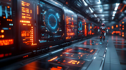 Naklejka premium Futuristic Spaceship Interior with Digital Displays and a Robot 3d Illustration