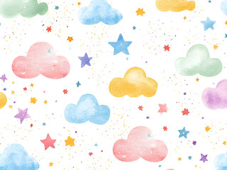 Adorable Cloud and Stars Pattern with Pastel Colors for Kids' Decor and Design