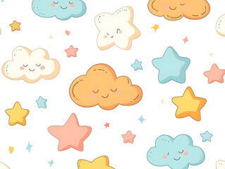 Adorable Cloud and Stars Pattern with Pastel Colors for Kids' Decor and Design