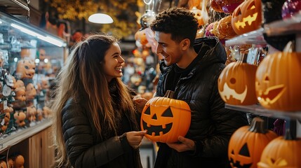 Fototapeta premium A couple laughs while trying on Halloween masks