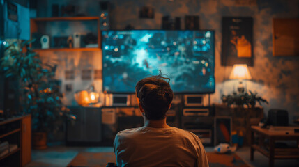 Person sitting on a couch, playing a video game on a large TV screen in a cozy, warmly lit living room.