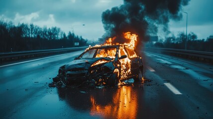 A dramatic scene of a burning car on an empty highway, showcasing vibrant flames and thick smoke against a gloomy sky.