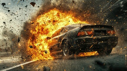 A dramatic scene of a car explosion on the road, showcasing fire, smoke, and flying debris in an intense, action-filled moment.