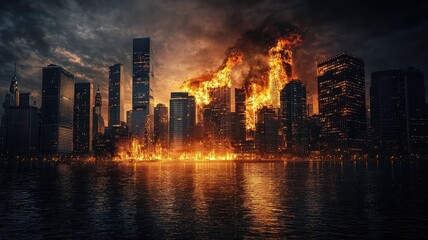Fototapeta premium A dramatic scene of a city engulfed in flames, reflecting chaos and destruction amidst a dark, ominous sky.