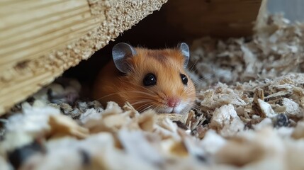 A hamster peeking out from behind a piece of furniture or enclosure wall, with a curious look.