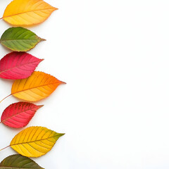 Fototapeta premium Colorful autumn leaves arranged in a diagonal line on a white background