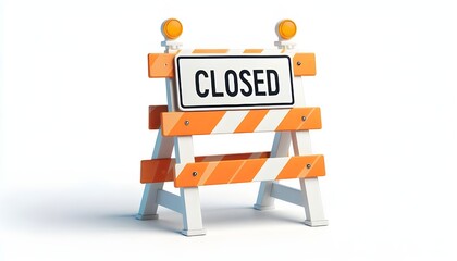 White and orange road closed barricade sign isolated on white background. Safety and restriction concept