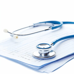 Stethoscope on medical documents, healthcare, patient records, doctor equipment, diagnosis, medical office supplies