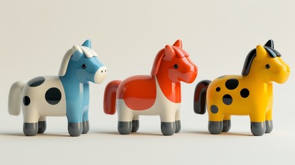 Charming collection of three 3d cartoon horses with joyful expressions on a white background