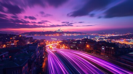 Istanbul Urban Nightscape - Purple Neon Light Trails in Motion Blur Expressing Tech-Forward Speed and City Energy at Dusk