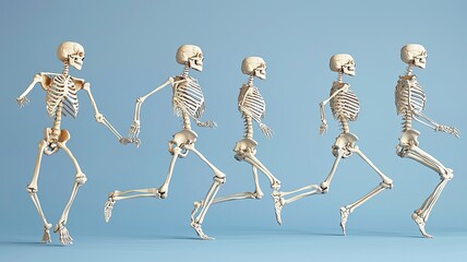 A dynamic depiction of skeletons in various running poses against a blue background, illustrating movement and anatomy.