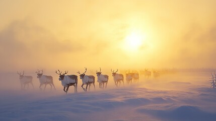 A herd of reindeer walking through the snow-covered plains of Oymyakon under a pale winter sun.