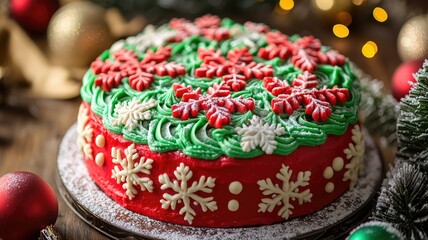 A festive Christmas cake adorned with red and green frosting, snowflakes, and holiday elegance, perfect for holiday celebrations.