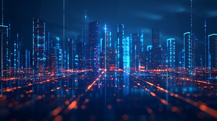 Smart City with Holographic Data Overlay, Business Theme, Simple, Blue