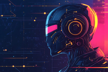 Futuristic robotic head with neon accents and digital elements.
