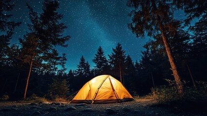 A glowing tent under a starry night sky, surrounded by tall trees, perfect for camping and outdoor adventure.