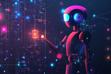 A futuristic robot interacting with digital elements and data visualizations.