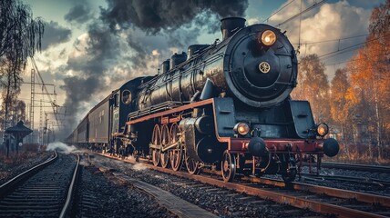 Naklejka premium A historic steam locomotive travels through a picturesque landscape, evoking nostalgia and the charm of vintage train journeys.